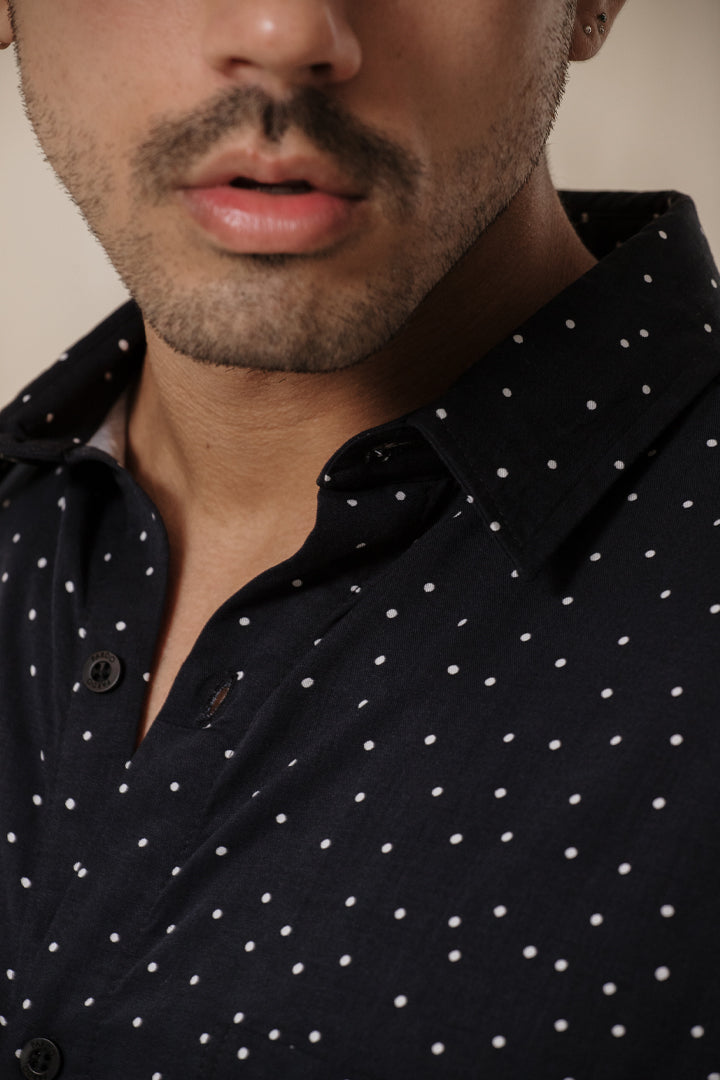Camisa Negra Con Puntos Blancos Hombre Camisa Negra Lunares